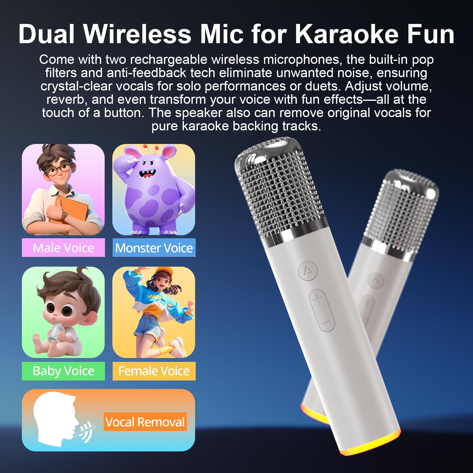 Tragbarer Bluetooth-Karaoke-Lautsprecher mit 2 kabellosen Mikrofonen, RGB-Beleuchtung, Höhen- und Bassregelung, Stimmeffekten, AUX/USB/TF/OTG/6,5-mm-Eingang, Party-Lautsprecher (weiß)