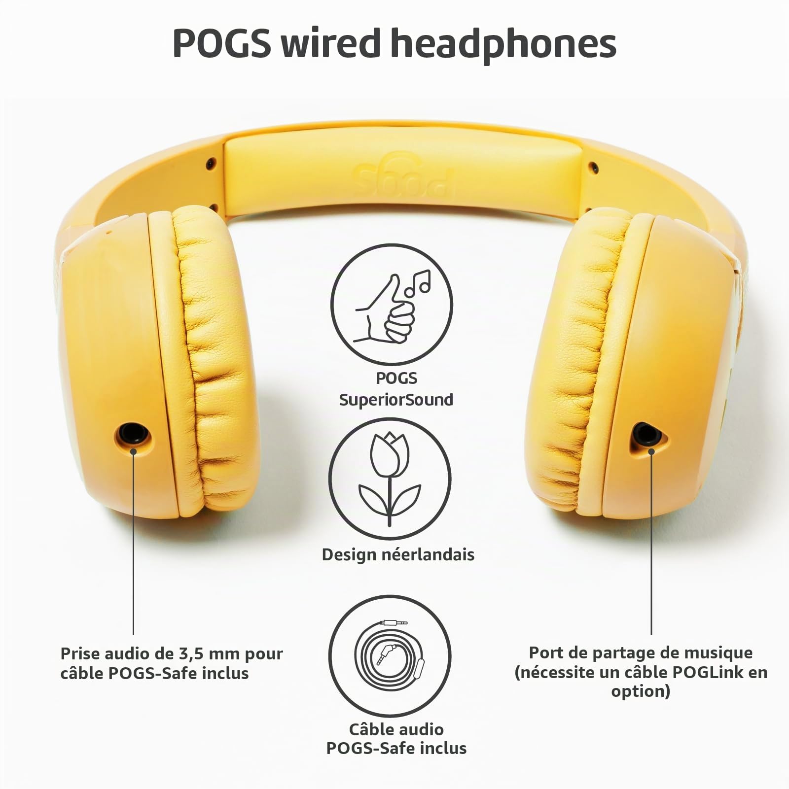 POGS The Elephant 2 Casque filaire réglable et durable pour enfants de 3 ans et plus | Limité à 85 dB, microphone | Supra-auriculaire | Fonction de partage de musique Câble audio de 3,5 mm sûr (1 m