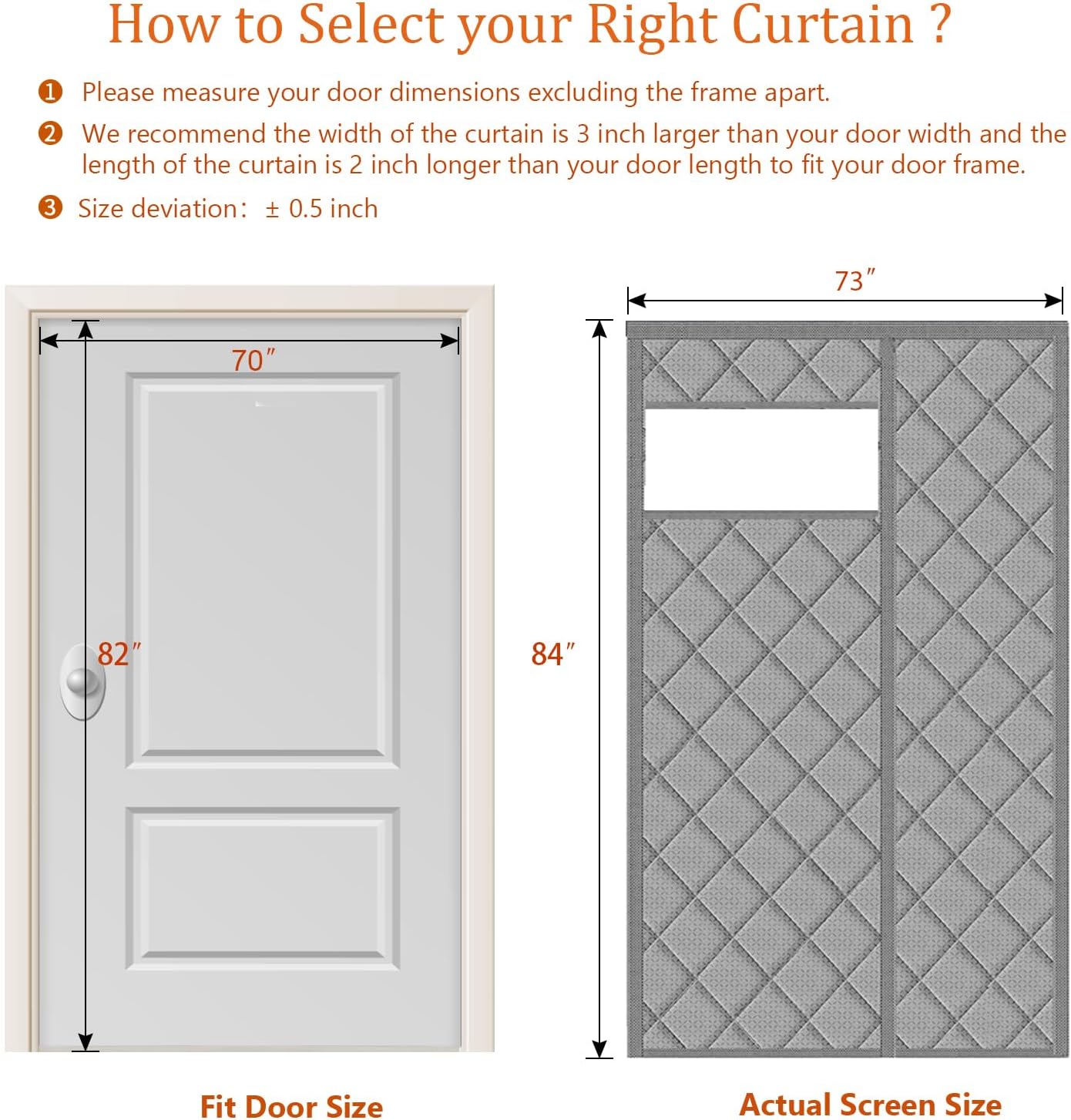 no magnetic thermal door curtain fits doors size 70"x82"?curtain size 73"x84", insulated curtain side open, visible panels, keep warm in winter cool in summer,diamond pattern,gray gray-side open window 70" x 82"