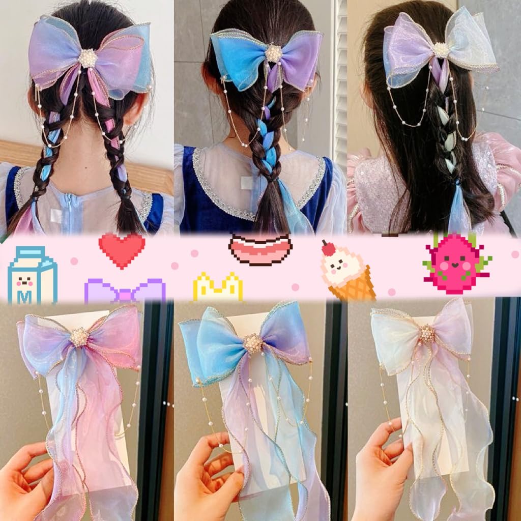 5PCS Princess Hair Bows, Colorful Ribbon Hair Clips, Rainbow Bowtie Long Tail Bow Barrettes, Duckbill Clips, Hand-made Glitter Fairy Hair Accessories for Girls Kids Gifts