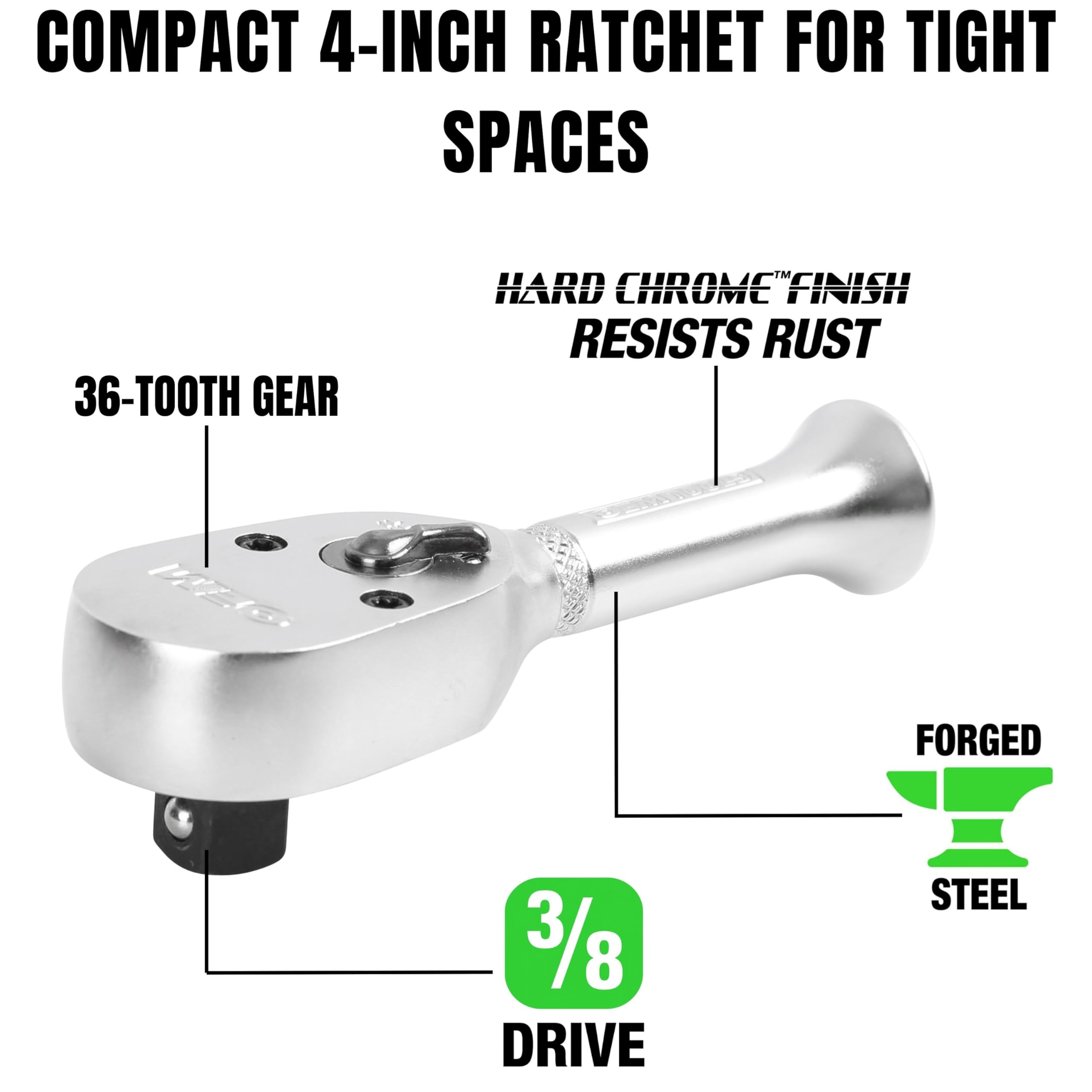 OEMTOOLS 22910 3/8 Inch Drive Stubby Ratchet, 4 Inch Handle 3/8
