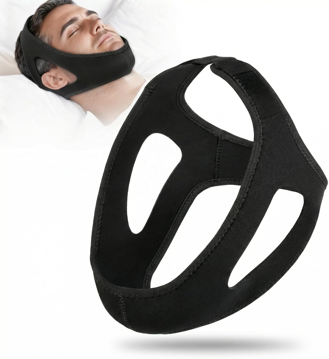 Anti Snore Chin Strap for Sleeping Compatible with CPAP, Double Fastener Non-Slip Chin Band for Men and Women, Breathable Adjustable Jaw Support for Mouth Breathers, Side Exposed Ear Design