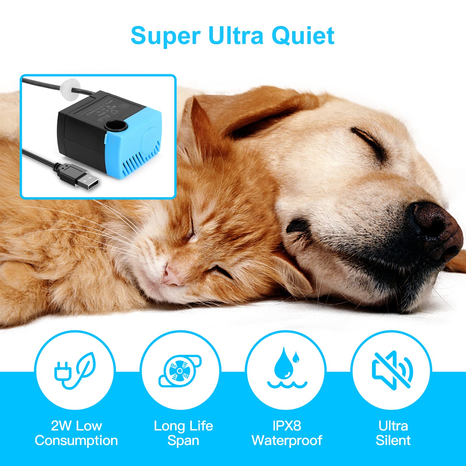 SP-400LV Bomba de fuente de agua para gatos y perros con ojales, bomba de repuesto USB para fuentes de consumo de mascotas compatible con mariposa, 1/2 galón, 1 galón, 2 galones