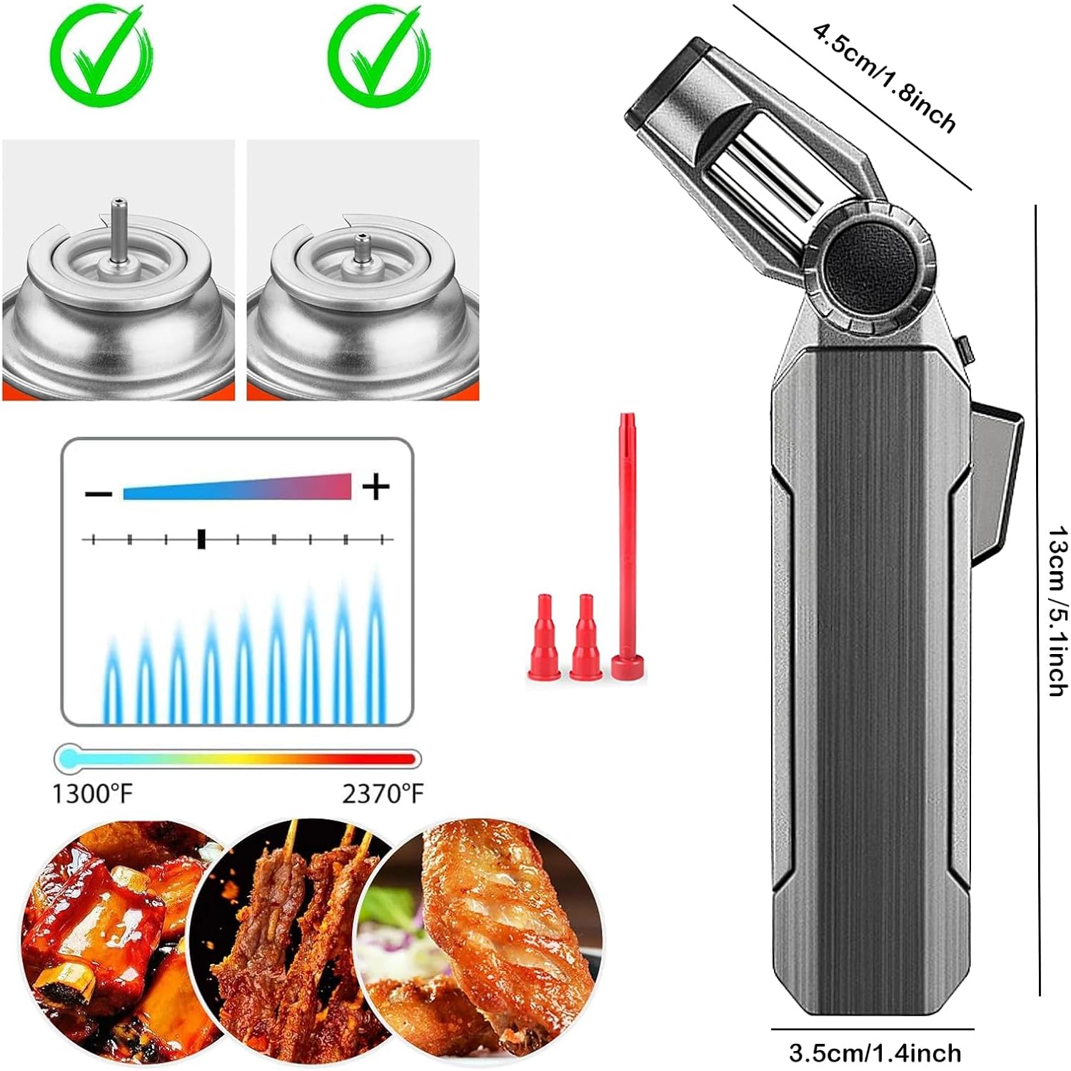Butane Torch Lighter with Safety Lock, 100° Rotatable Windproof Adjustable Flame Refillable Kitchen Cooking Butane Torch for Baking Creme Brulee BBQ, Gas is Not Included (Grey)