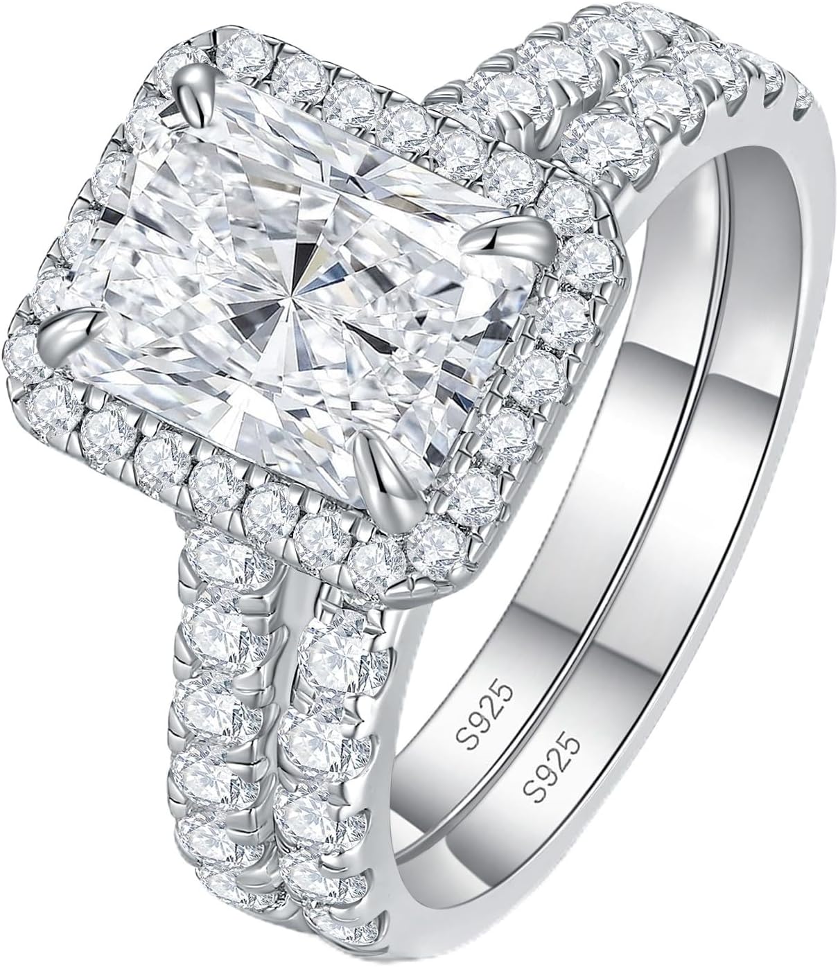 3CT Moissanite Wedding Ring Set, Radiant Cut Halo Bridal Set for Women, 925 Sterling Silver Engagement Ring Stackable, Anniversary Jewelry for Her, Size 5-10
