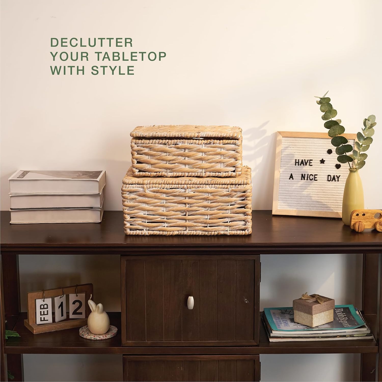 84ECO Wicker Trash Can with Lid and Liner and Set of 2 Wicker Baskets with Lid, White