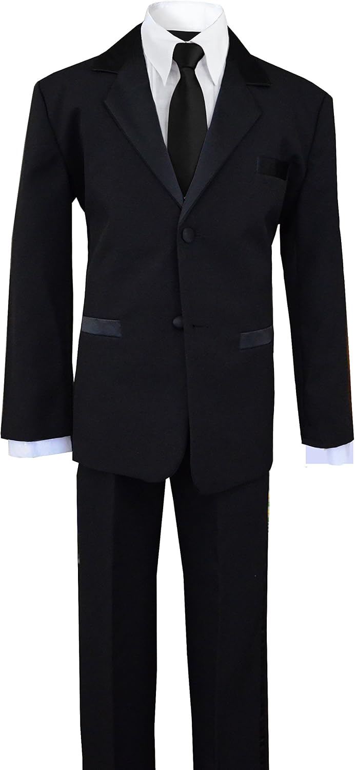 Boys Tuxedo Suit with Satin Notch Labels and a Black Neck Tie