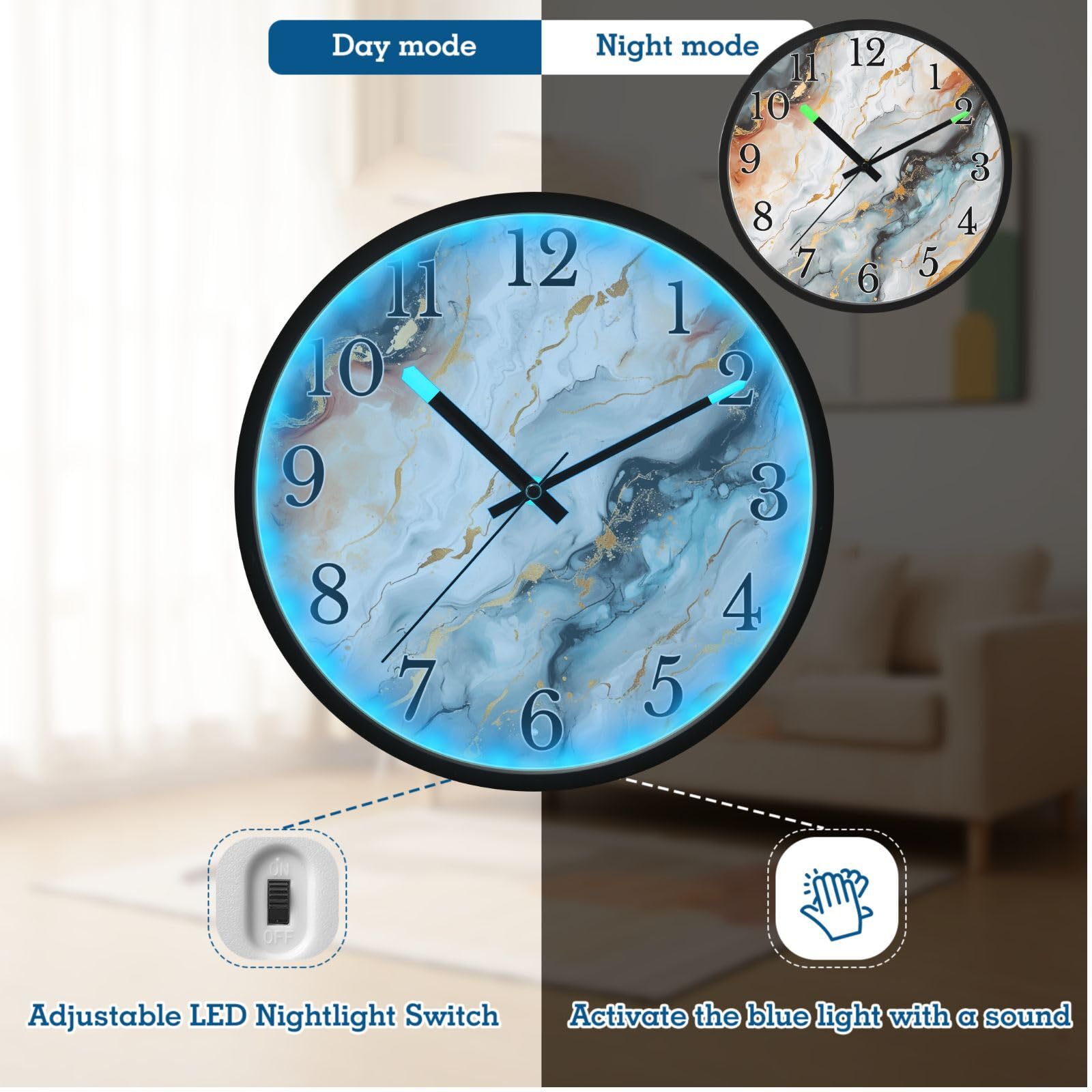 Mnsruu Reloj de pared luminoso 4234 de mármol, reloj de pared que brilla en la oscuridad, funciona con pilas, silencioso, sin tictac, luz nocturna para dormitorio