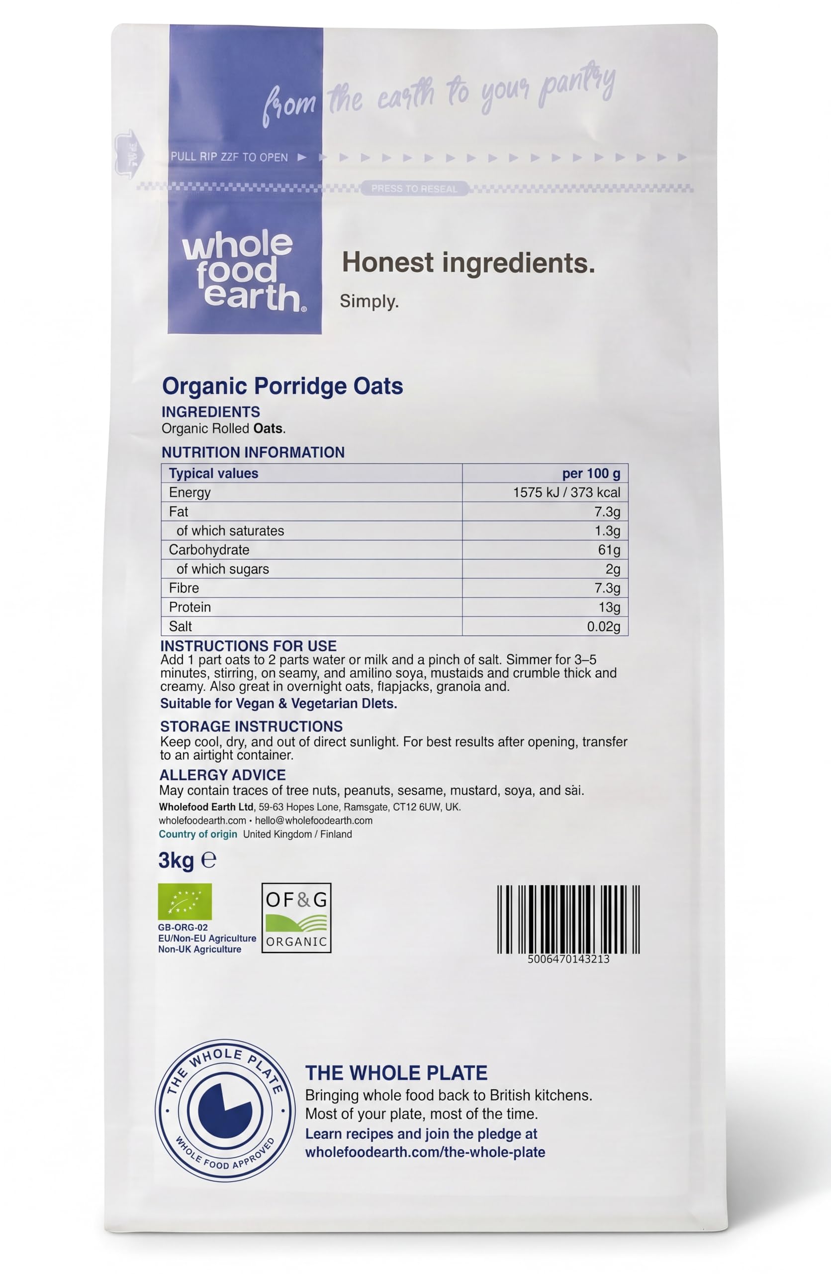 Wholefood Earth - Flocons d'Avoine Bio - 3 kg - Riche en Fibres et Protéines - Pour Porridge, Muesli et Granola - Sans OGM et Vegan