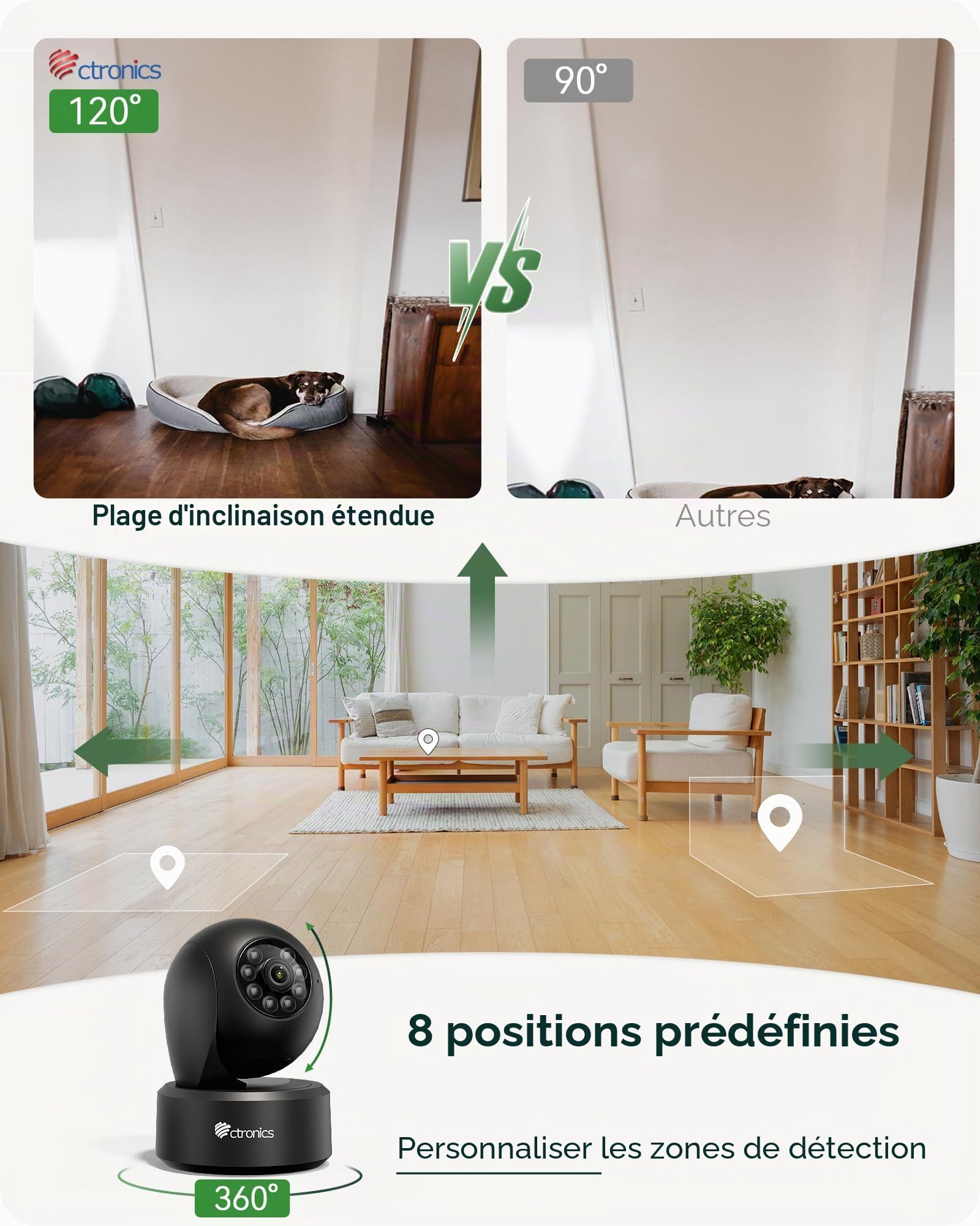 Ctronics 4K Caméra Surveillance WiFi Intérieure, Suivi Auto, Détection AI Humain/Animal, WiFi 2.4/5GHz, Cloud & 256Go TF, FTP/NVR/NAS, Vision Nocturne, 24/7, Smartphone & PC PTZ, 355° Pan/120° Tilt