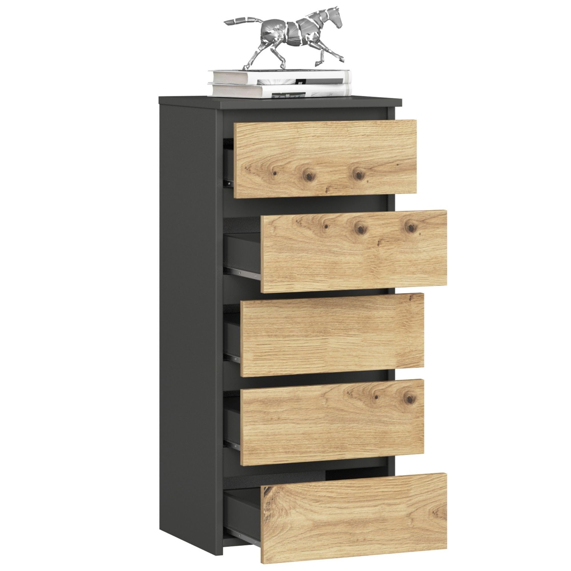 AKORD | Cassettiera a 5 Cassetti | Credenza Alta | Moderna Mobiletto per Soggiorno Sala da Pranzo Camera da Letto Corridoio Bagno | Armadio Cameretta | 35x40x92 cm | Grigio grafite |Rovere artigianale