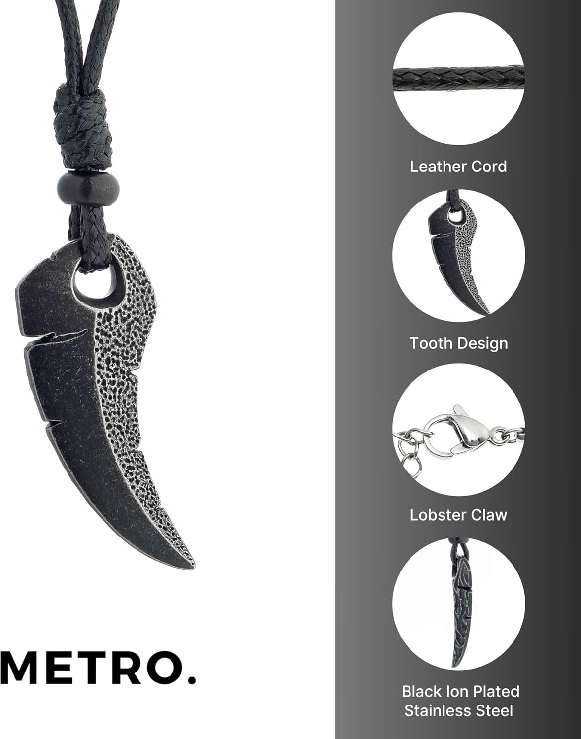 Metro Jewelry Stainless Steel Shark Tooth Pendant for Men with Black Ion Plating 24 Inches Long Leather Cord with Lobster Claw - Image 6