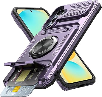 Vofolen for Samsung Galaxy S24 FE Case with Card Holder [Store 2 Cards] +360 Rotated Ring Kickstand Dual Layer Heavy Duty Shockproof Wallet Cover for Galaxy S24 FE Case for Women Men, Purple