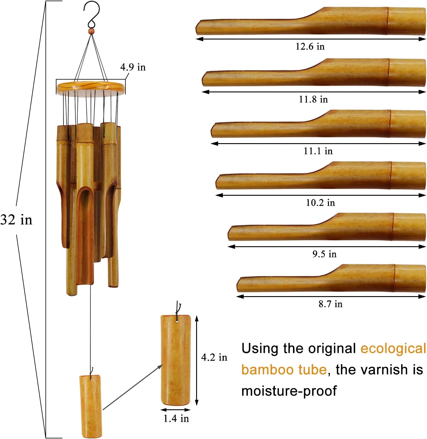 Bamboo Wind Chimes Outdoor,Wooden Wind Chimes with Melody Deep Tone,30" Classic Zen Garden Windchime for Relaxation, Grace.Home Décor for Patio, Garden or Indoor