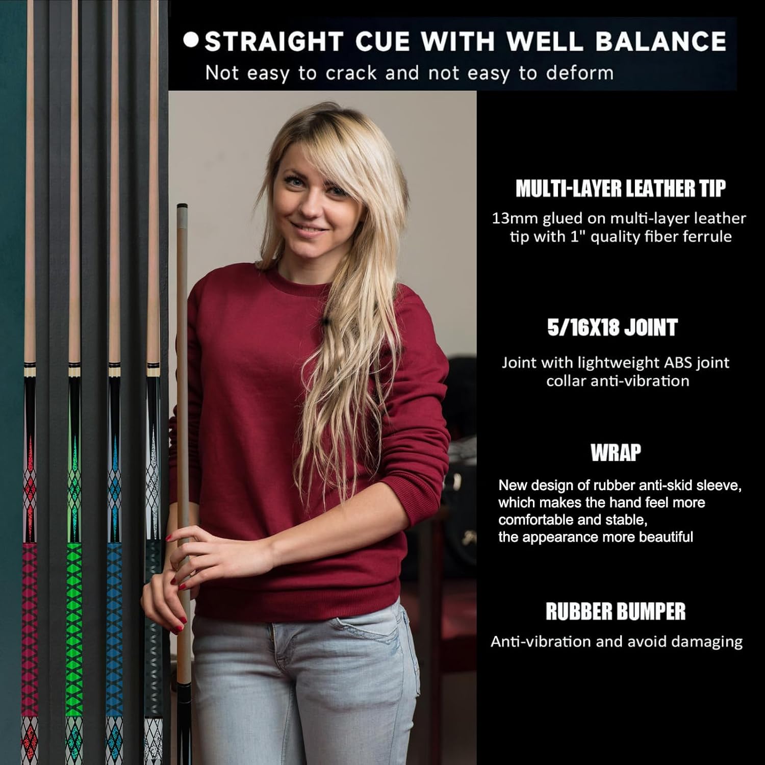 pool sticks set of 4 and pool sticks set of 2 with 13mm cue tip 58" pool cue with rubber anti-skid sleeve pool cues set of 2