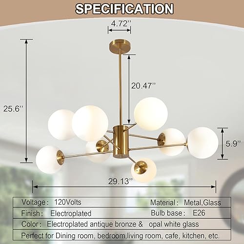 Miniatura 7 de Bektas Lámpara de araña, 8 luces modernas de mediados de siglo, lámpara dorada para comedor, cocina, sala de estar, lámparas colgantes de cristal de