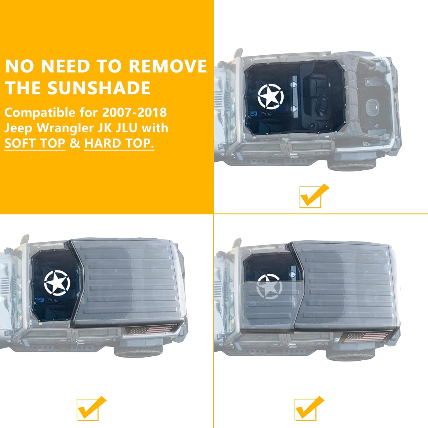 Sunshade for 2007-2018 Jeep Wrangler JKU 4 Door Full Length Mesh Sun Shade, JK Unlimited, Sport, Sport S, Sahara, Rubicon Sunshade Bikini Soft Top Cover Net, Blocks UV, Wind, Noise, Black Star
