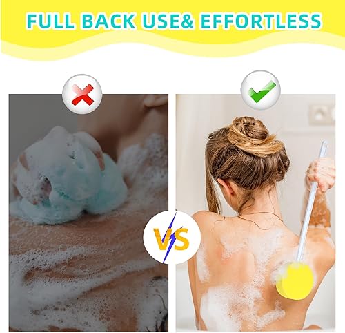 Miniatura 4 de Uiifan Esponja de baño de mango largo, esponja amarilla en un palo redondo y 8 formas de arandela trasera para ducha, mango blanco, cepillo de baño