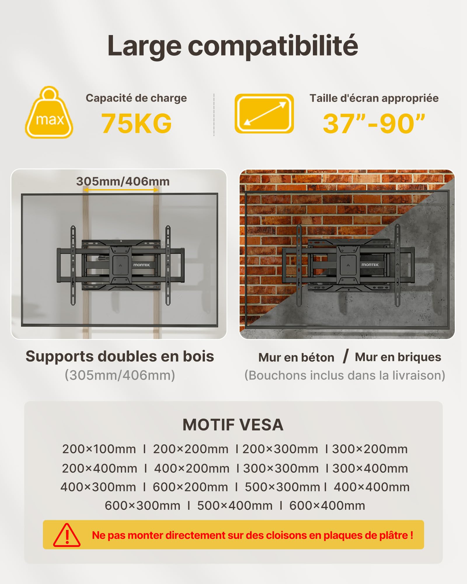 monTEK Support TV Mural à Mouvement Complet pour Écrans de 37 à 90 Pouces | Orientable et Inclinable, Bras Television Articulé et Stable, Fixation TV Extra-Robuste, Charge Max 75kg, Max VESA 600x400mm