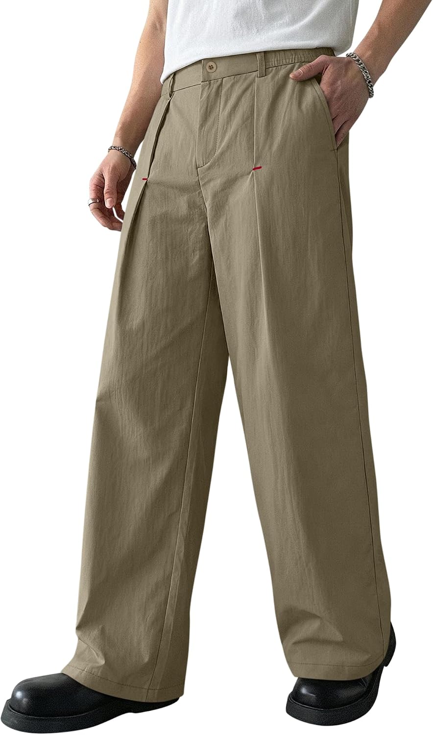 Men Baggy Dress Pants Pleated Trousers Zipper Fly Semi-Elastic Waistband Casual Loose Wide Leg with Pockets
