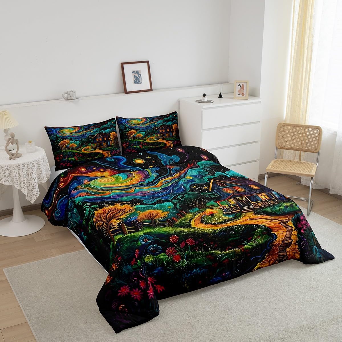 Boho Galaxy Kids Bedding Comforter Set Toddler Size,Cartoon Starry Sky Bedding Sets All Season,Dreamy Farmhouse Oil Painting Bedroom Quilt Set,Nattural Landscape Duvet Insert,1 Pillowcase
