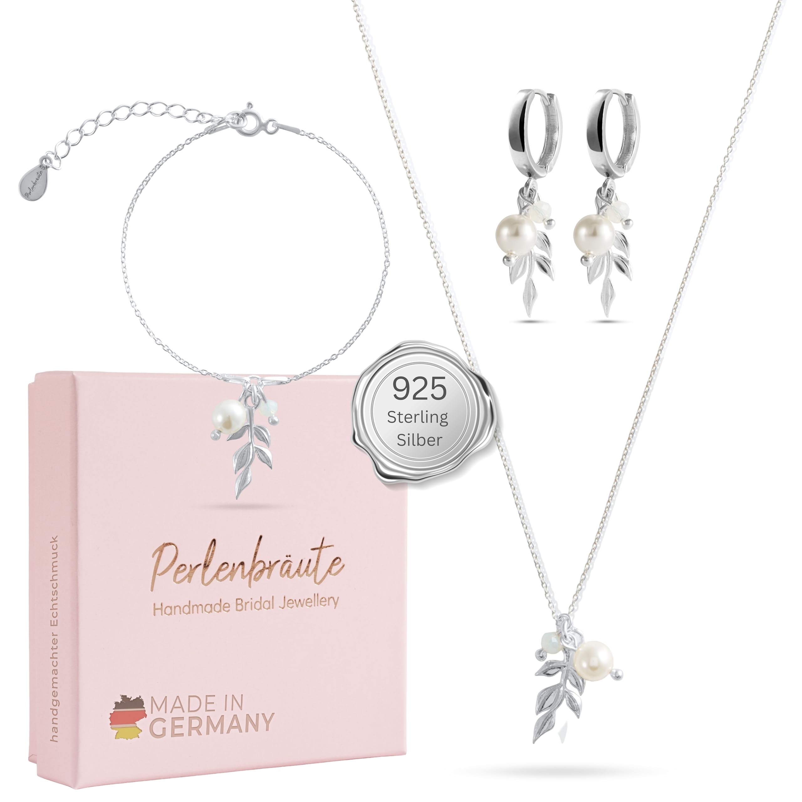 Schmuckset Braut Silber 925 - premium Brautschmuck Set mit Perlen - hochwertiges Hochzeitschmuck Set - silberner Damen Schmuck Set Geschenk Braut - Perlenschmuck
