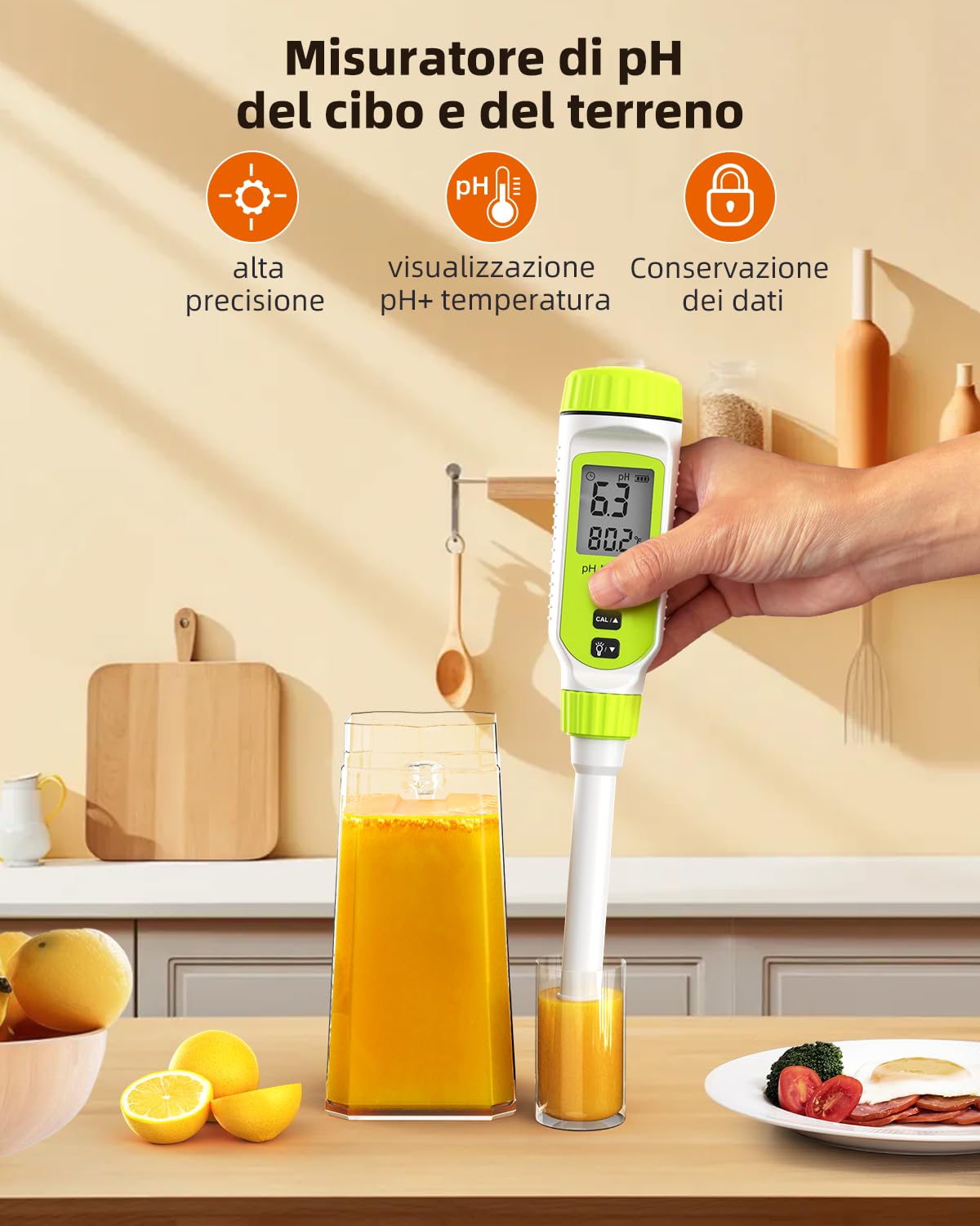 Misuratore digitale multifunzionale di pH per alimenti, kit di test di alta precisione per il terreno da giardino con display LCD ℃/℉ per piante/soluzione, acqua e alimenti (Verde)