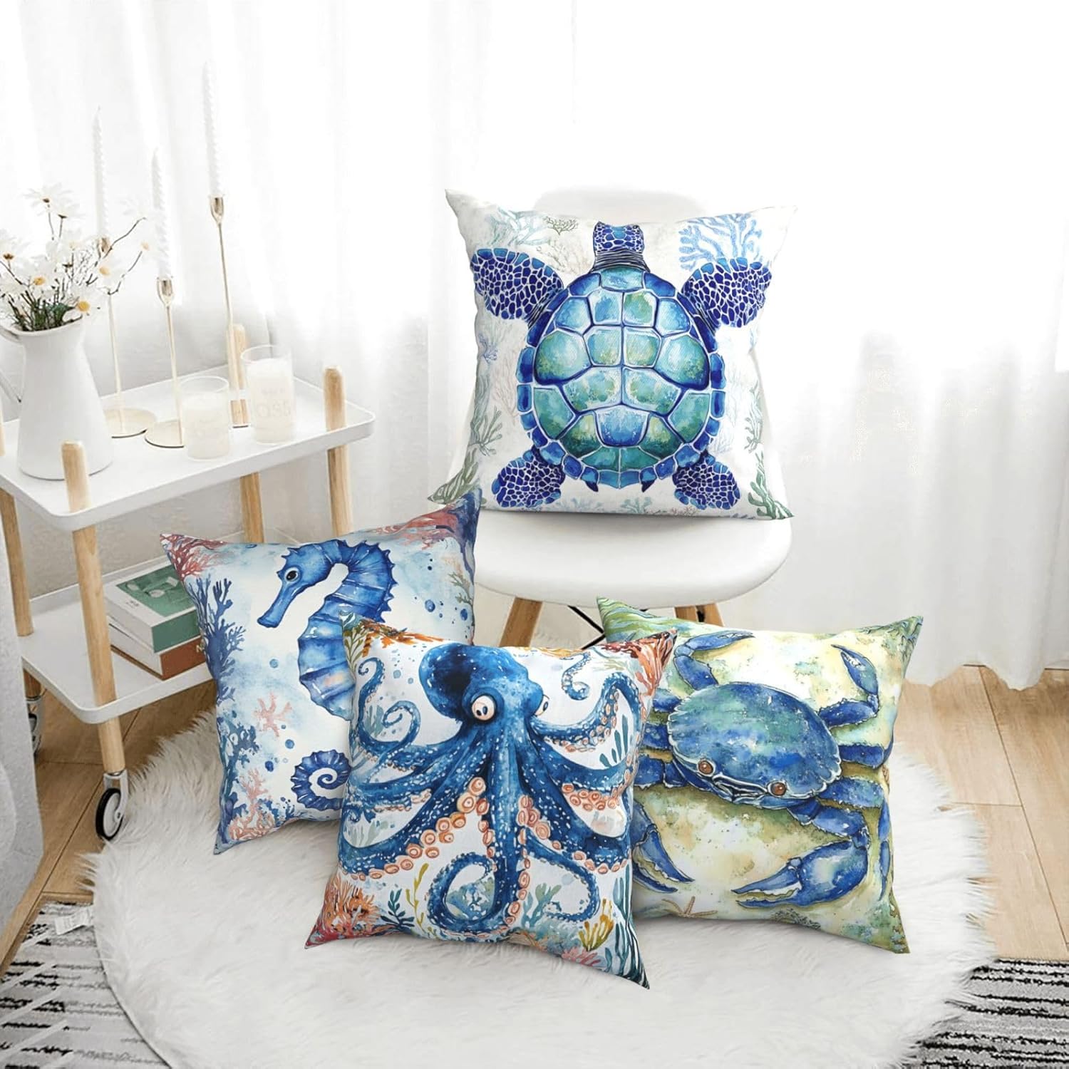 Sea Life Starfish Throw Pillow Covers Set of 4 Decorative Soft Linen Fabric Square Cushion Case for Room Bedroom Sofa Car 18x18