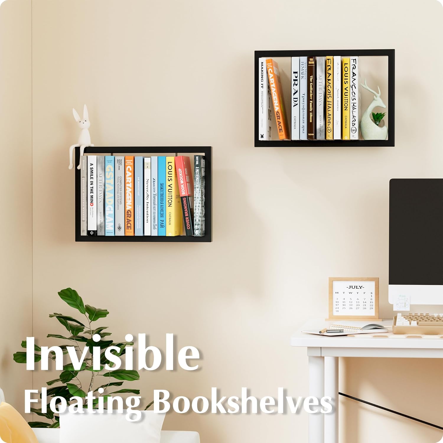 Floating Book Frame Wall Mount - Invisible Metal Bookshelves for Home Decor, Set of 2 Modern FloatingShelves for Bedroom, Living Room & Office - Black