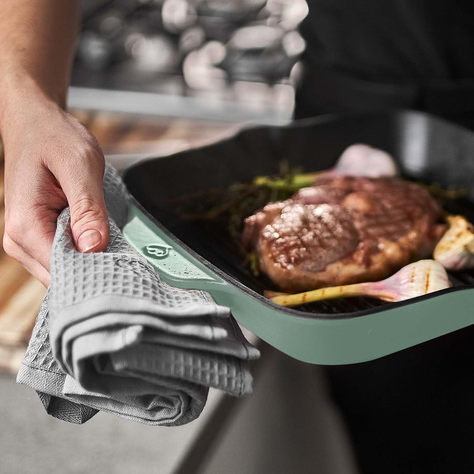 SPRINGLANE Sartén parilla cuadrada de hierro fundido, sartén plancha con rayas para asar - 20 x 20 cm Superficie de fritura - Verde