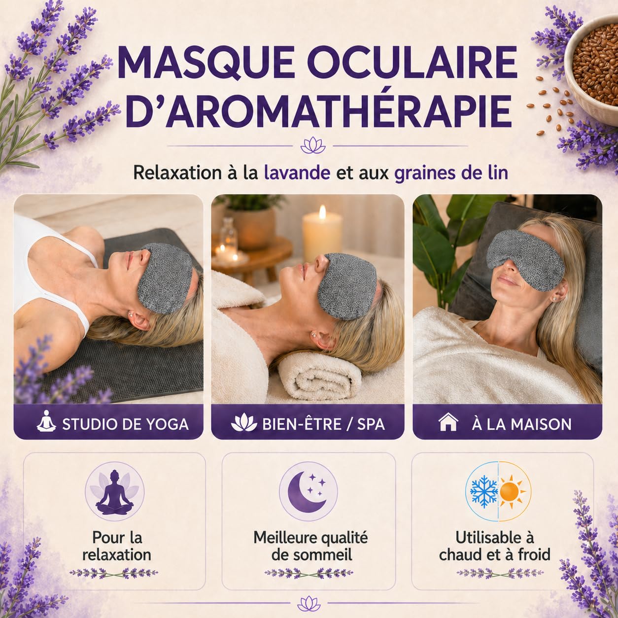 Yosana Coussin pour Les Yeux avec garnissage en graines de Lin et Lavande - Masque pour Les Yeux pour la détente Pendant Le Yoga et méditation - Coussin aromatique