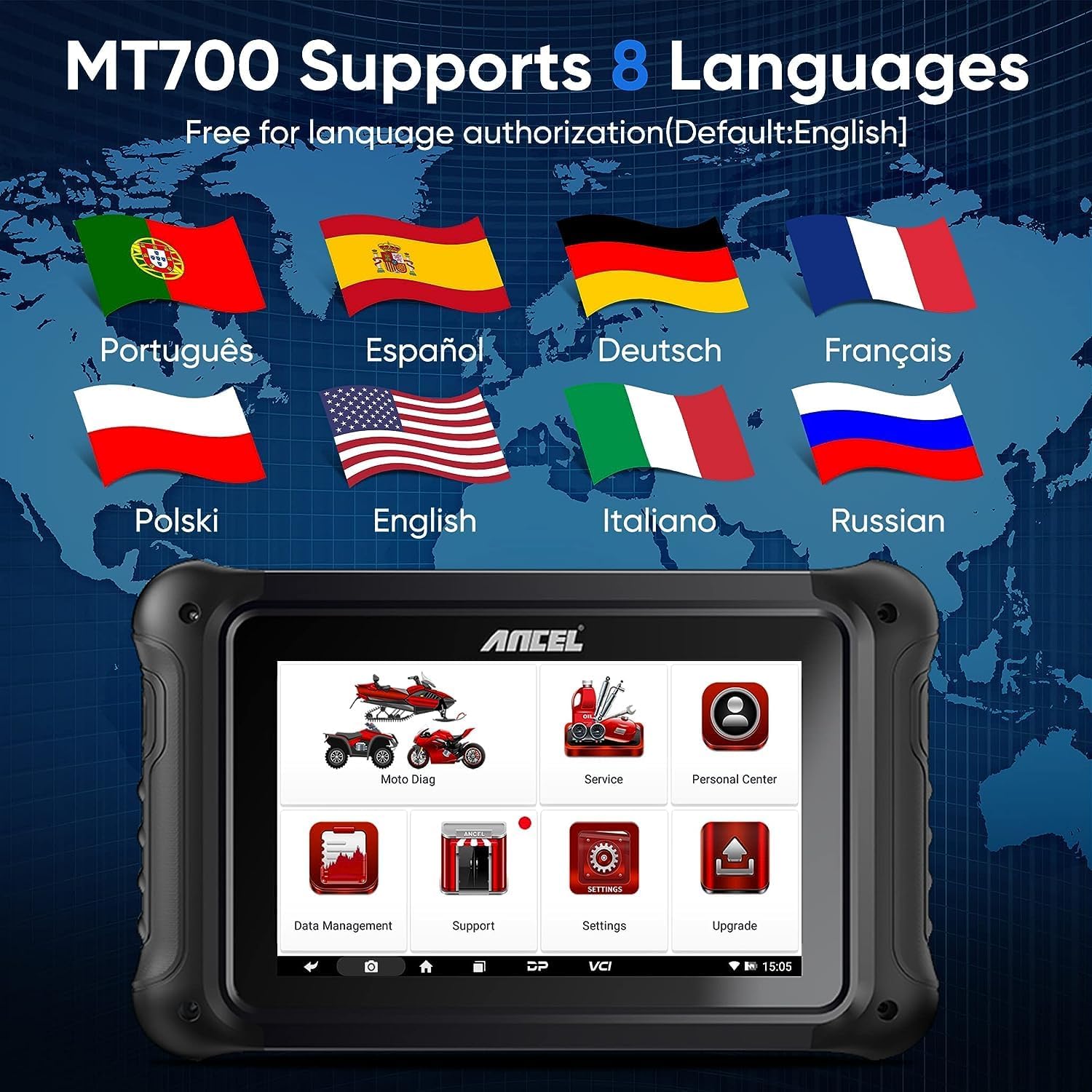 Image showing a map of the world with flags representing 8 supported languages: Portuguese, Spanish, German, French, Polish, English, Italian, and Russian, with the ANCEL MT700 device in the foreground.