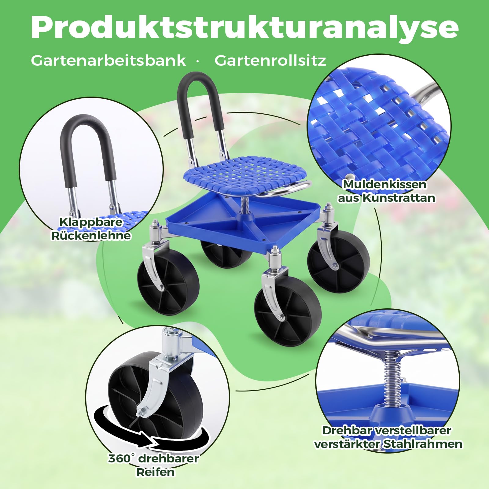 Gartensitz mit Rollen, Garten Rollsitz Gartenhocker, 360° Drehbarer | Rollbarer Gartenwagen mit Griff und Ablagefach, Höhenverstellbar, Tragkraft 150 kg, für Gartenarbeit & Autopflege