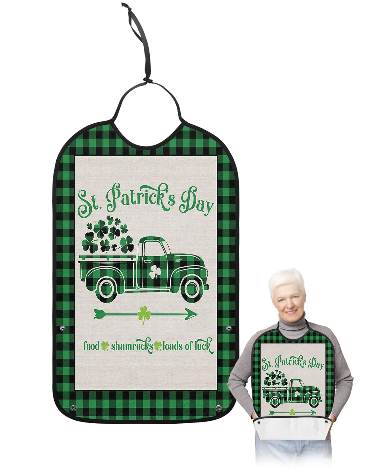 St. Patrick's Day Adult Bibs for Eating, Waterproof Bibs with Food Catcher & Adjustable Snap Closure, Green Black Plaid Truck Lucky Clover Washable Clothing Protectors Adult Bibs for Elderly Women/Men