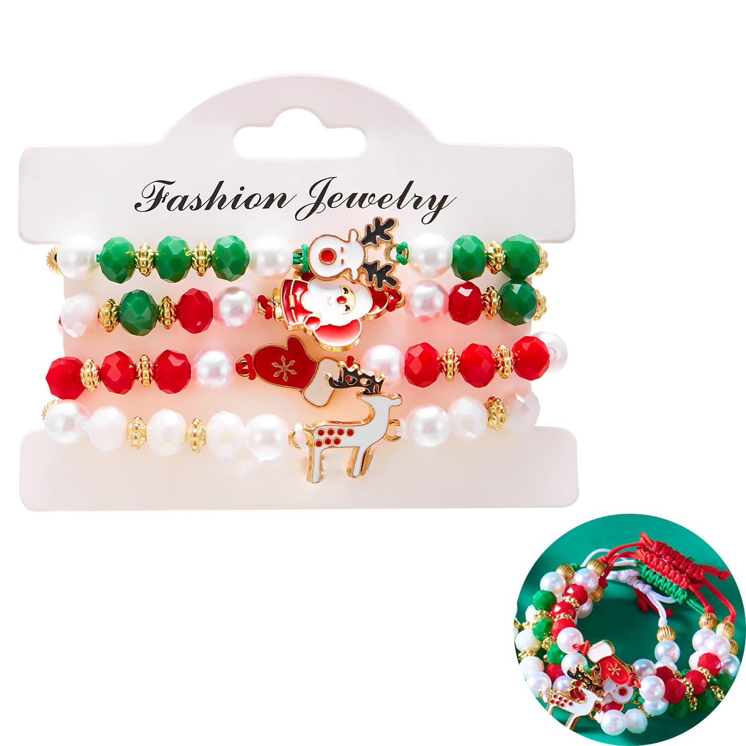 LYMOOR Christmas Bracelet, 4in1 Christmas Bracelets for Kids, Merry Christma Jewelry Charm, Christma Party Bag Fillers, Gift Daughter and Mother (Colored round beads)