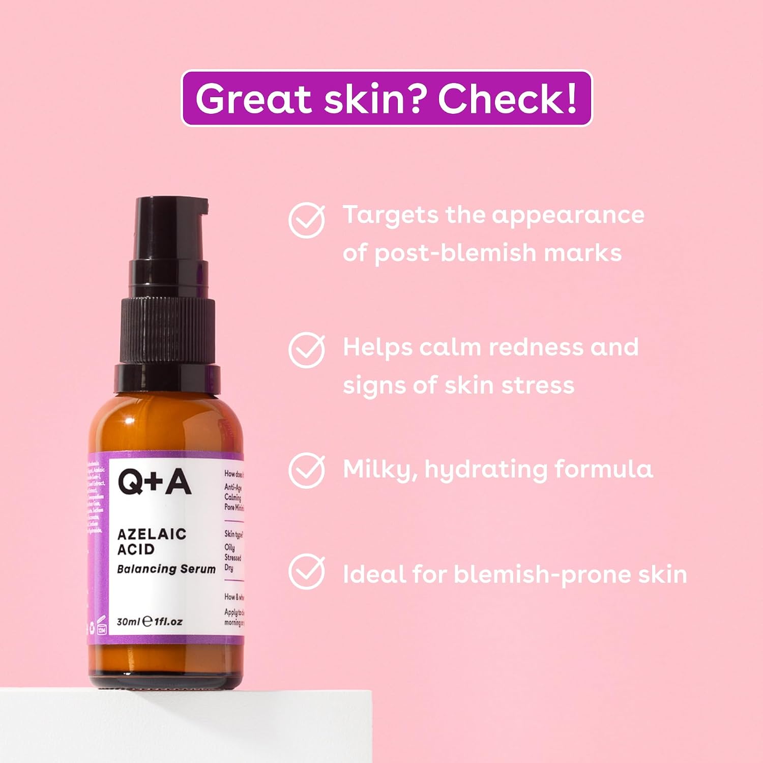 Q+A Azelaic Acid Balancing Serum (30ml), Natural Face Serum with Zinc PCA and Antioxidant Super Grains, Fragrance Free Skincare, Smoothes Skin