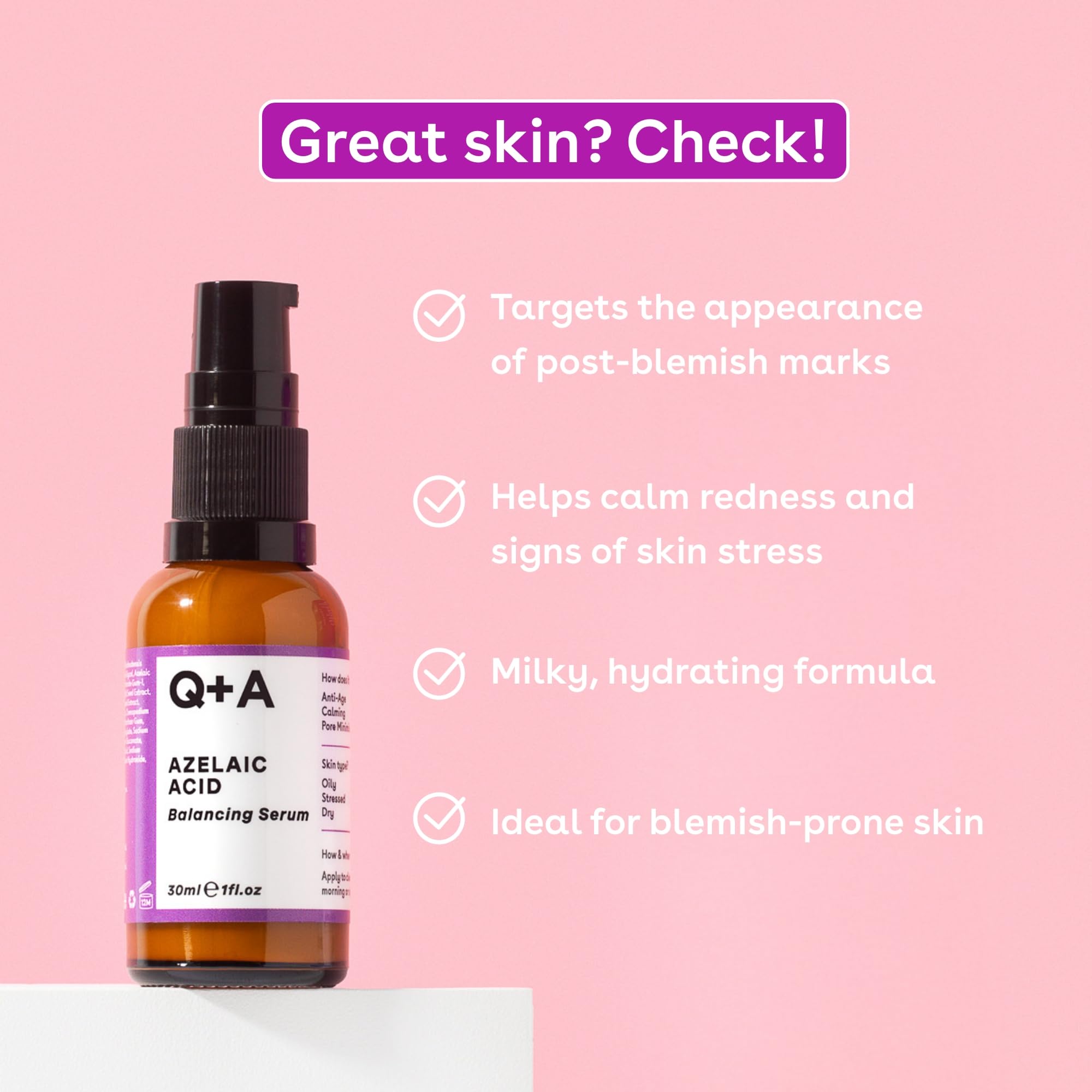 Q+A azelainowym Serum wyrównujące pH, zawierające cynk PCA minimalizujący pory i antyoksydanty dla odświeżonej i gładszej skóry, 30 ml.