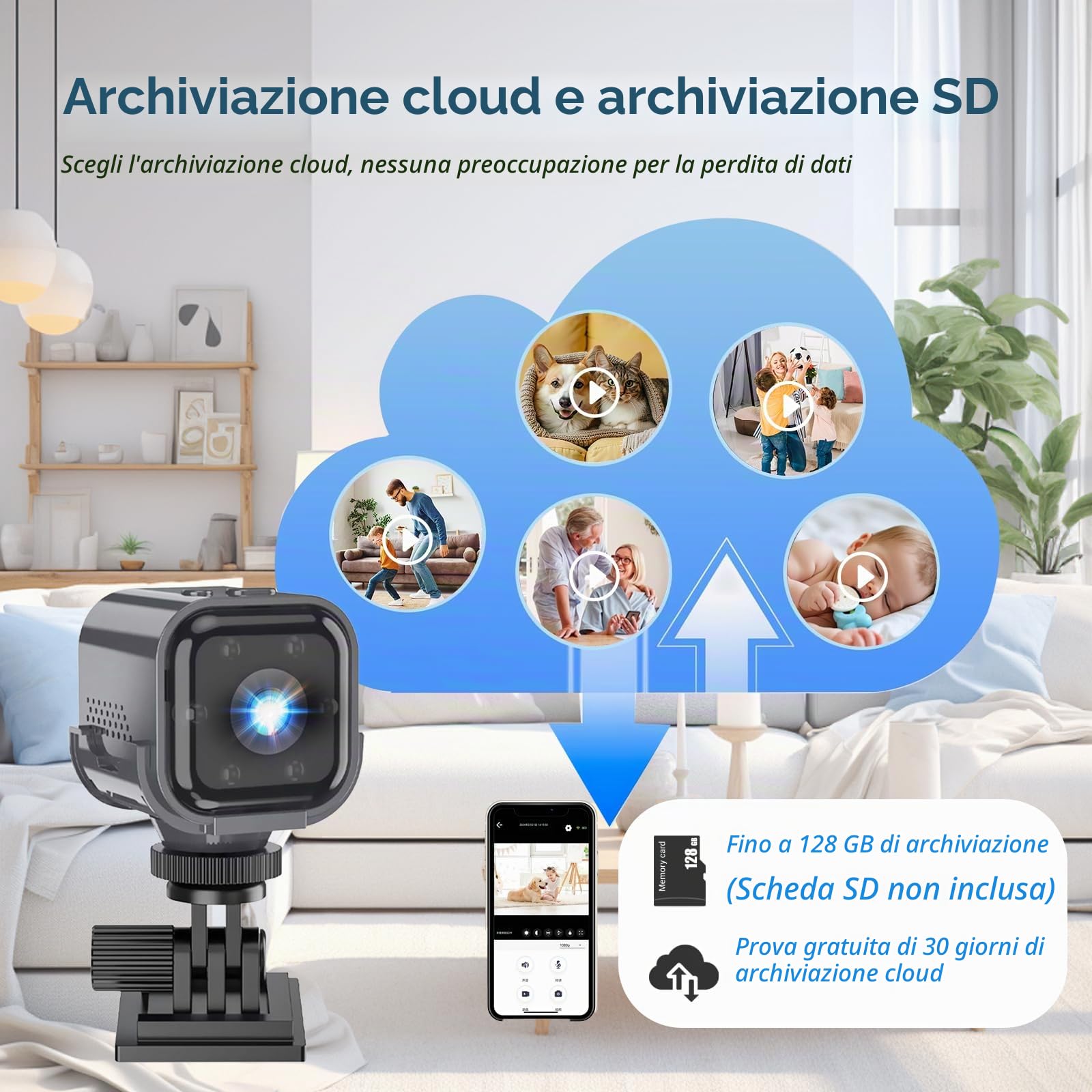 Mini Telecamera Senza Fili, Videocamera Sorveglianza HD, Microcamera | Telecamera WiFi Interno, Visione Notturna, Audio Bidirezionale, rilevazione di movimento, HD 1080p, Per Casa/Bambini