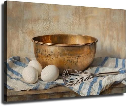 Arte de pared vintage para cocina, decoración de pared rústica para hornear, pintura de cuenco de cobre antiguo, casa de campo francesa, obra de