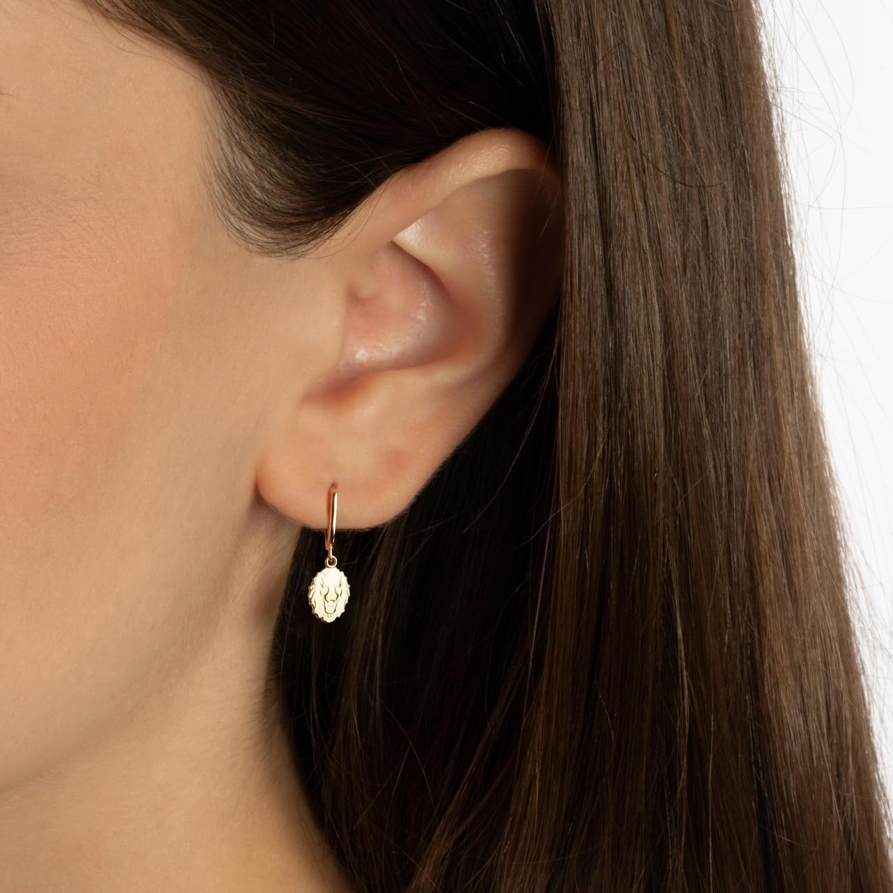 Women's 10K or 14K Yellow Gold Leo Zodiac Sign Roaring Lion Head Drop Huggie Hoop Earrings