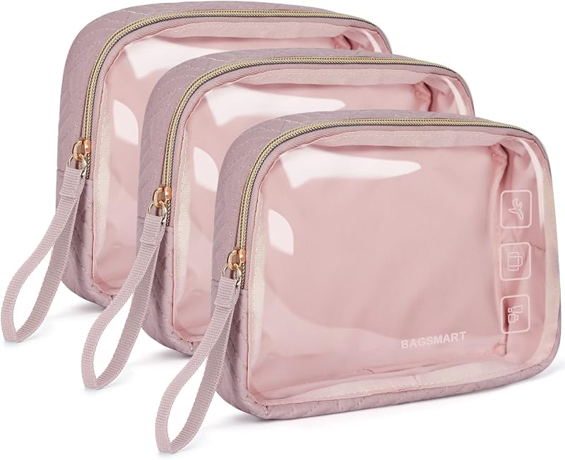 BAGSMART Bolsa de aseo aprobada por la TSA, paquete de 3 bolsas organizadoras de maquillaje transparente, bolsa de viaje de tamaño cuarto para artículos de tocador, accesorios de viaje esenciales, color rosa