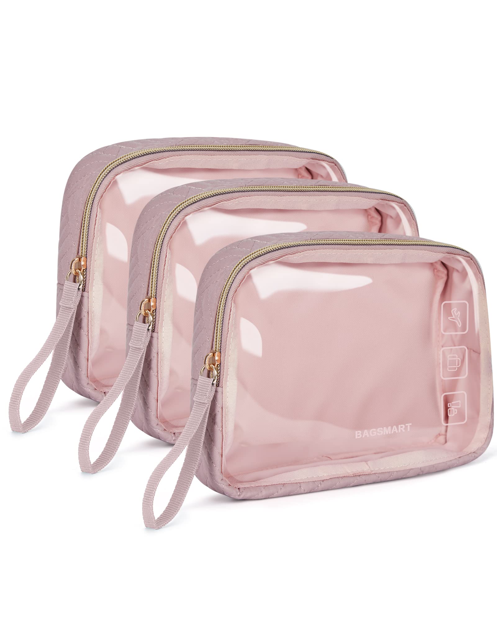 TSA Approved Toiletry Bag, 3 Pack Clear Makeup Cosmetic Bag Organizer, Quart Size Travel Bag for Toiletries, Carry-on Travel Accessories Essentials - Pink