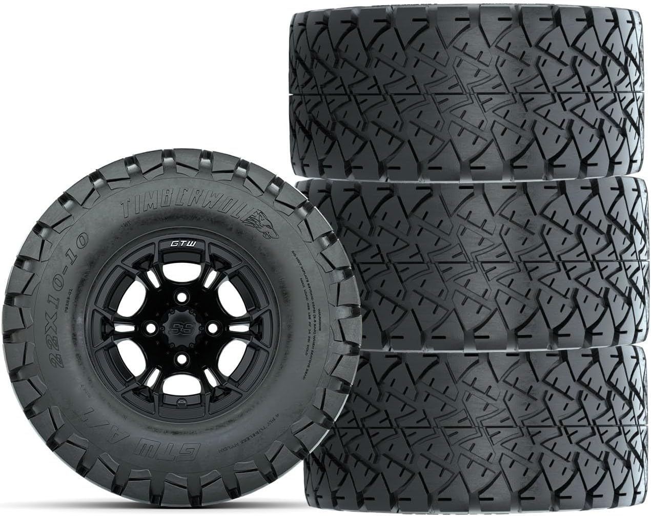 GTW 10 Inch Golf Cart Wheels and Tires Combo | GTW Spyder Matte Black Wheels on 22x10-10 (22") Timberwolf All Terrain Tires | Set of 4