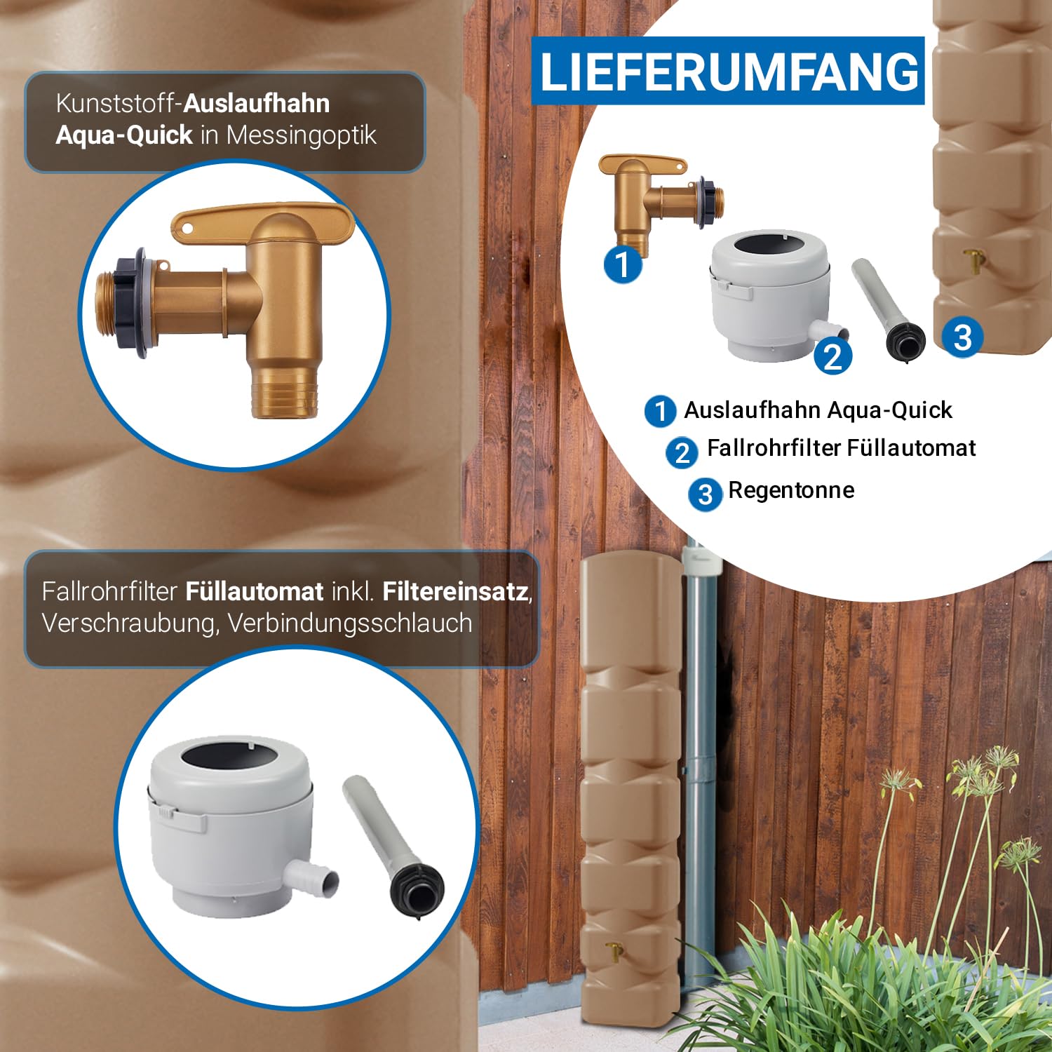 4rain Basic Regentonne Set 300 Liter Taupe Wassertonne | mit Kunststoff-Auslaufhahn Fallrohranschluss Regenwassertank Wassertank für Garten Regenfass Regenwassertonne Wasserbehälter