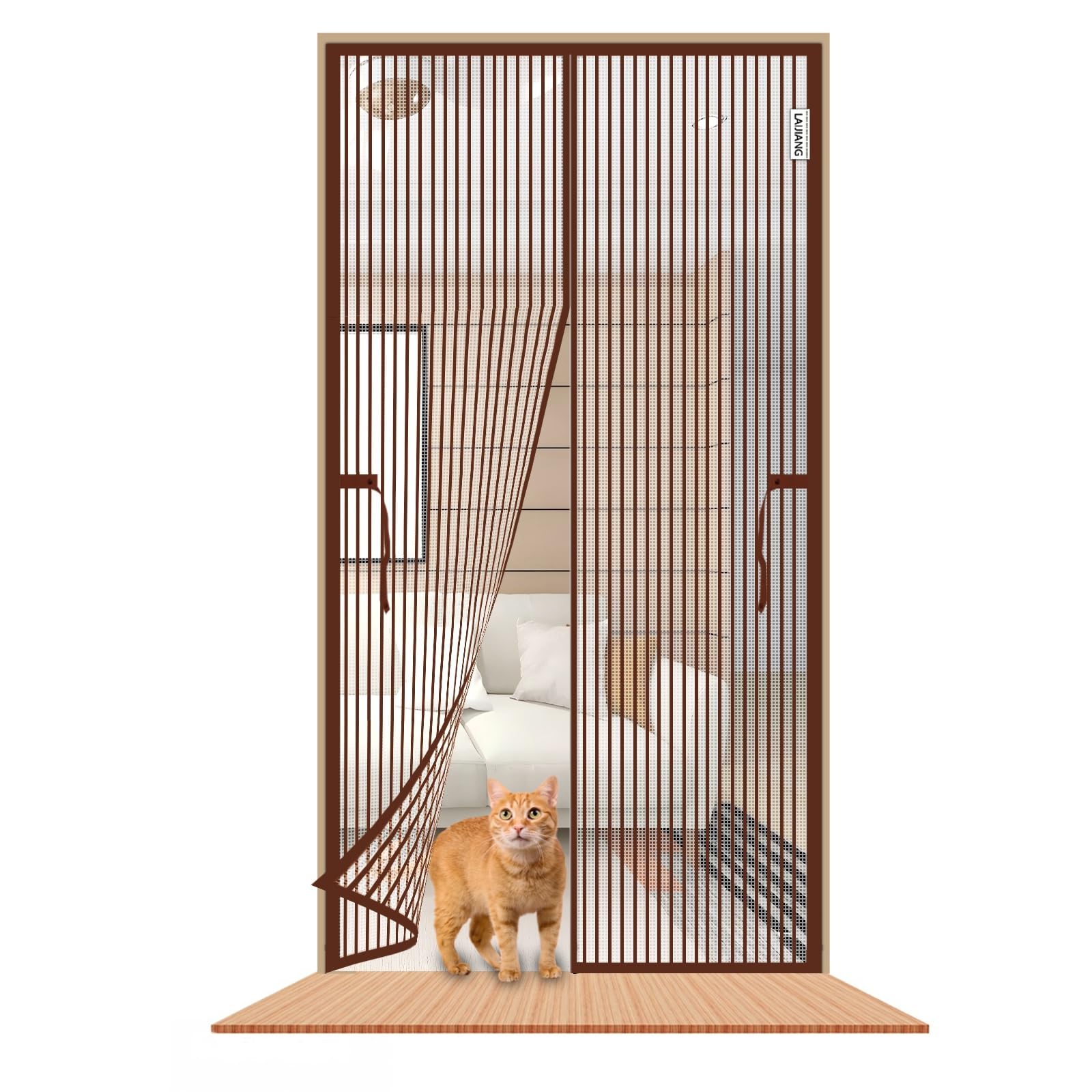 LAIJIANG Magnetic Screen Door, Heavy Duty Mesh Screens Door with 4cm Wider Magnet At The Top, Fly Curtain Self-Sealing Keeps Bugs Out Kids & Pets Friendly(Brown T,110x210cm)