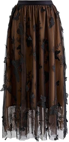 CHICWISH - Falda a media pierna de malla de doble capa, con ramilletes en 3D, color caramelo, azul polvoriento, blanco y negro