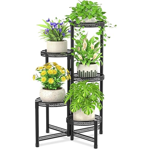 iDavosic.ly Plant Stand Indoor Outdoor, 5 Tier Corner Metal Flower Display Holder Shelf, Easy Assembly Folding Tall Orchid Rack for Patio Balcony Porch Garden Living Room House, Wrought Iron - Modern Black