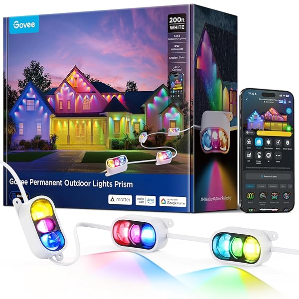Govee Permanent Outdoor Lights Prism, 100ft with 36 Triple-Color Lighting Heads, 100+ Scene Modes, Up to 60lm for Outdoor Decor, IP68 Waterproof, Works with Alexa, Google Assistant & Matter, White