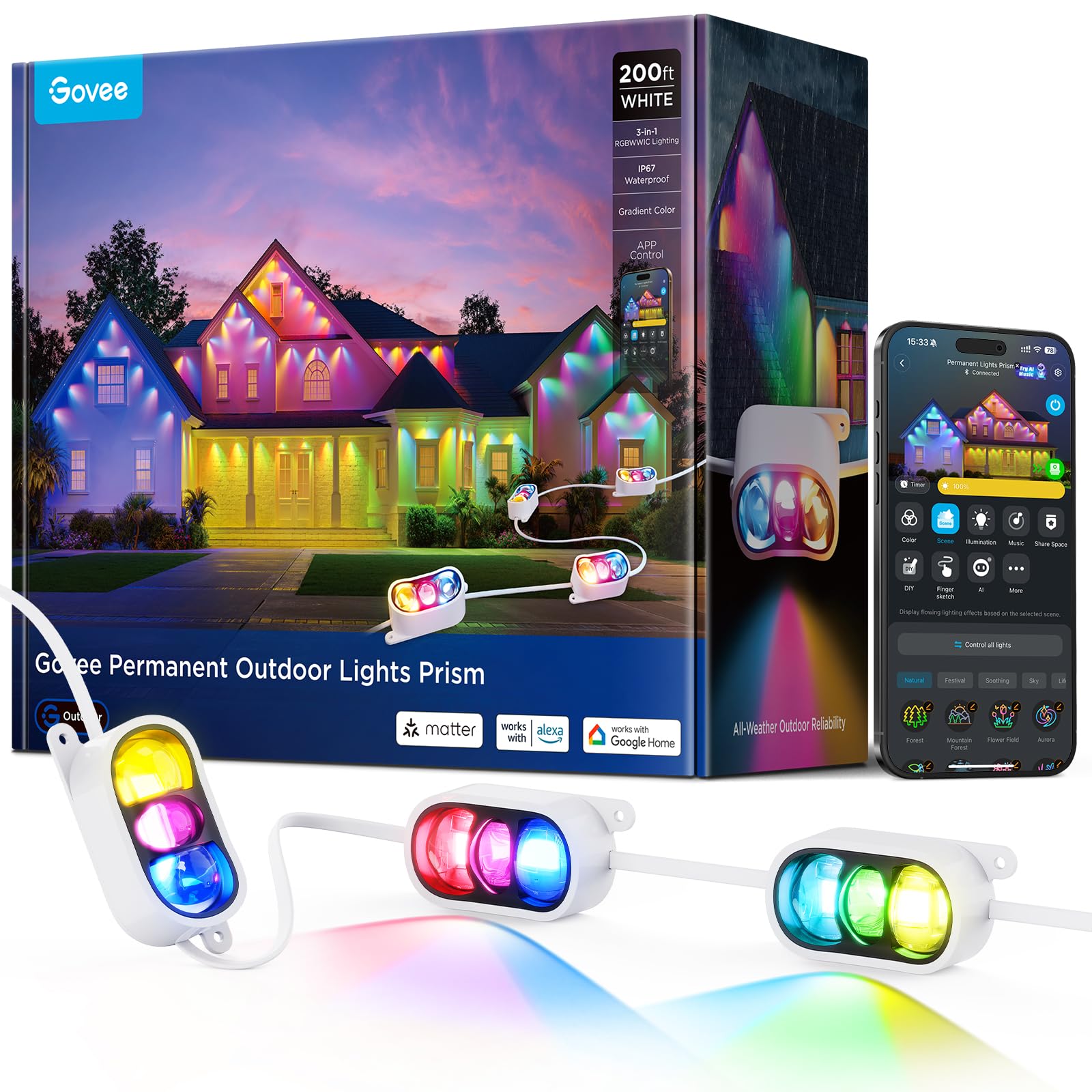 Govee Permanent Outdoor Lights Prism, 200ft with 72 Triple-Color Lighting Heads, 100+ Scene Modes, Up to 60lm for Outdoor Decor, IP68 Waterproof, Works with Alexa, Google Assistant & Matter, White