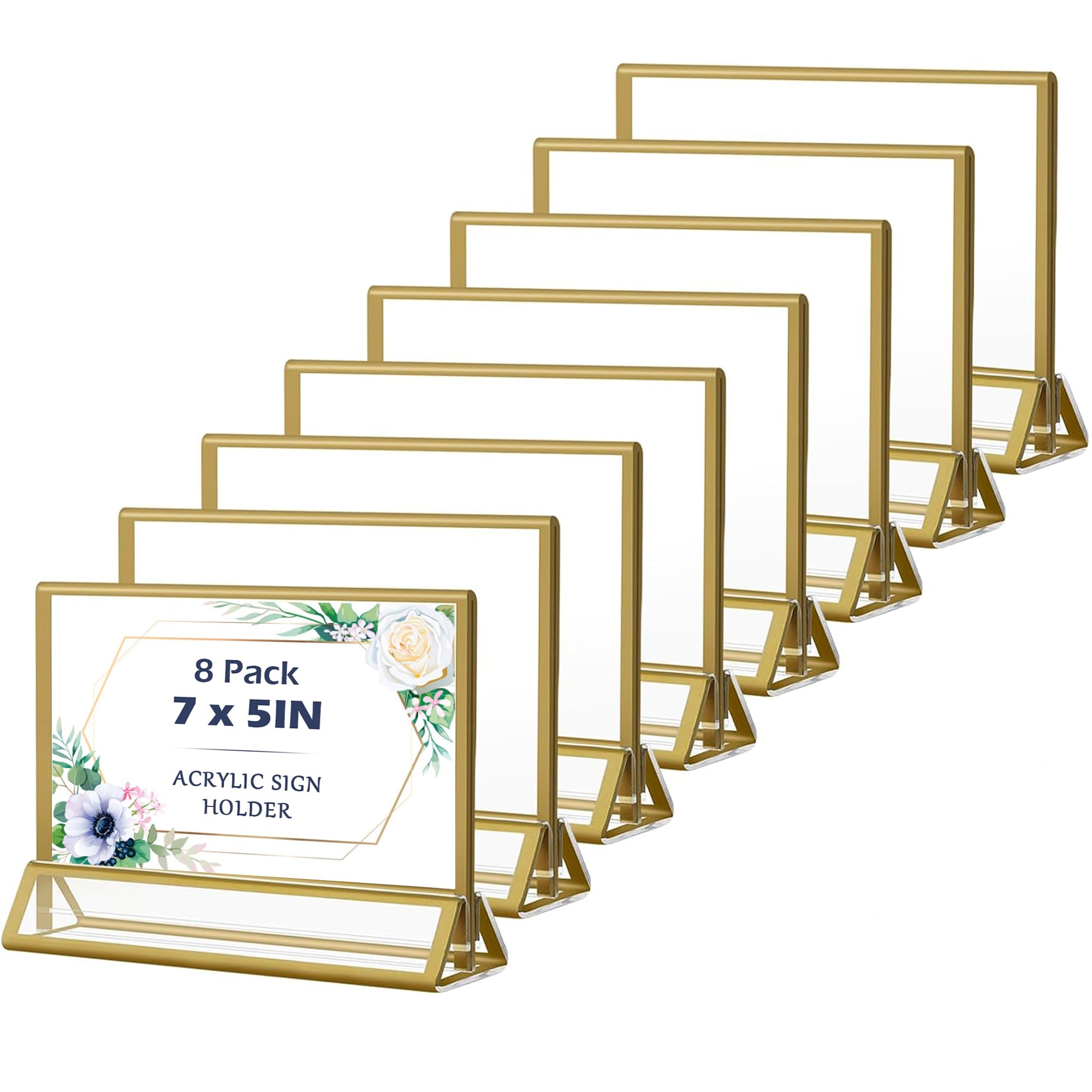 rogeramz Acrylic Sign Holders Golden Border 8 Pack 7x5 Wedding Table Number Frames Double Sided Table Menu Stands with Horizontal Stand, Photos and Art Display